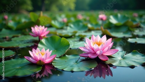 Water lilies, lotus blossoms, dense floral pattern on calm lake surface, natural, flowers, art