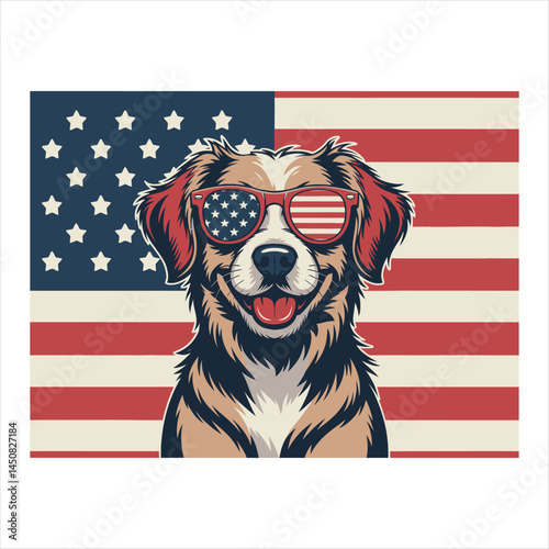 A vibrant pop art illustration of a patriotic dog wearing american flag sunglasses against a fireworks background