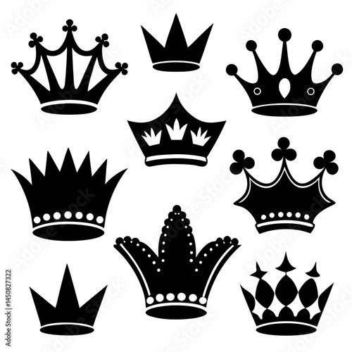 Regal collection of golden royal crowns vector icons, perfect for king, queen, and princess luxury imperial heraldic design
