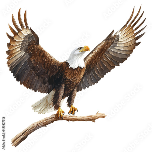 Eagle Landing On A Branch, watercolor vector, isolated on a white background.