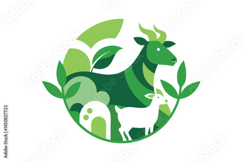 Green goat grazes near a white kid within a circular border of foliage
