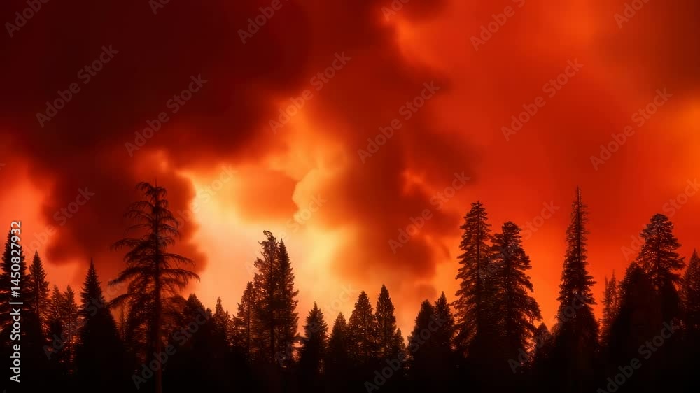 Dramatic forest fire with massive orange and red smoke clouds rising above silhouetted pine trees. Intense burning landscape with towering smoke plumes and blazing atmospheric conditions.