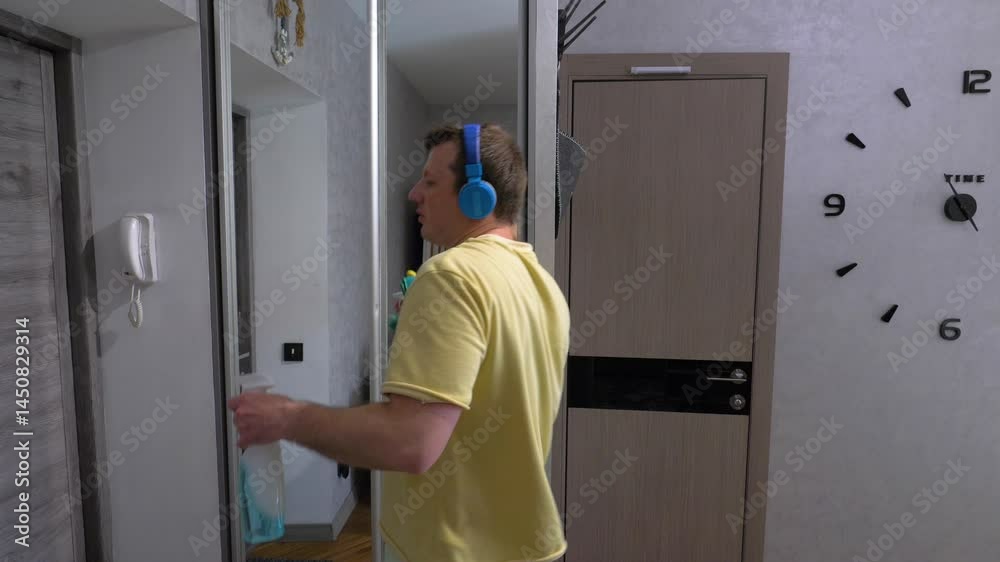 The cleaner dances. Spraying detergent on the mirror. A man in musical headphones washes a dirty mirror in the house. Apartment cleaning, lifestyle. Slow motion. Close-up The cleaner dances. Spraying detergent on the mirror. A man in musical headphones washes a dirty mirror in the house. Apartment cleaning, lifestyle. Slow motion. Close-up