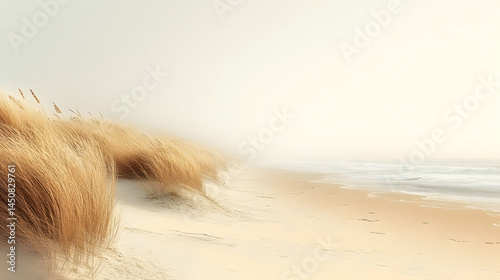 Tranquil beach scene with golden grass dunes, soft light, and a hazy ocean