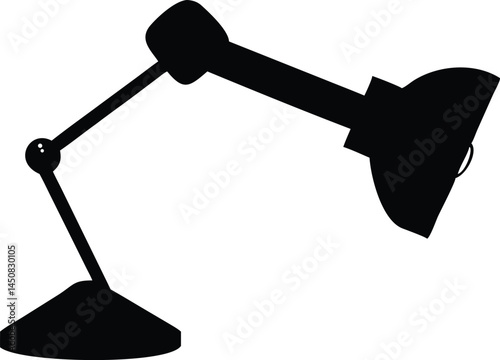 Isolated black silhouette portrays a retro adjustable desk lamp on a transparent background