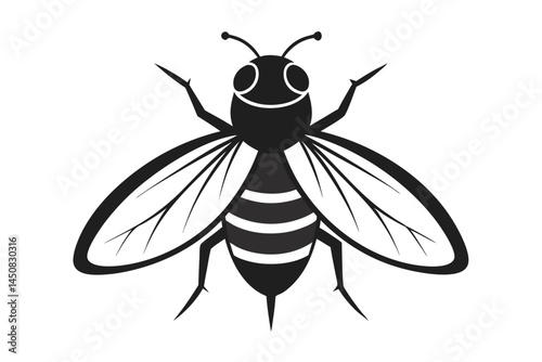 Isolated monochrome bee silhouette displays intricate wing detail and vibrant striped abdomen on white