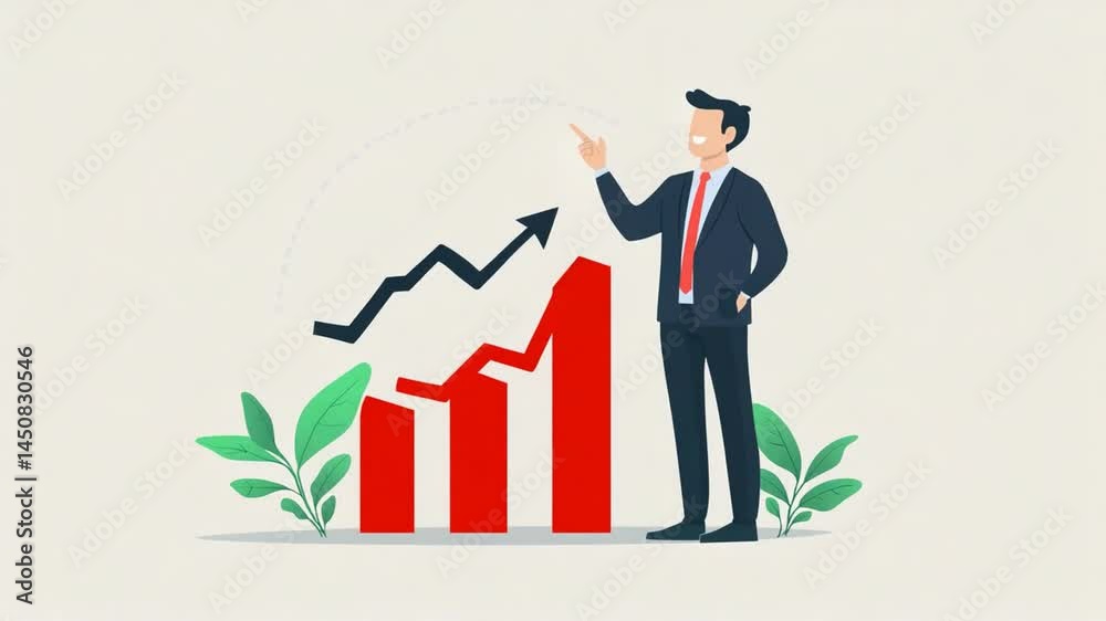 Businessman presenting growth trends with red graphs and green plants in a professional setting Businessman presenting growth trends with red graphs and green plants in a professional setting