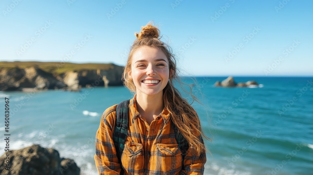 A cheerful young woman smiles widely against a scenic ocean backdrop, radiating happiness and vitality, making it a vibrant image for lifestyle and travel stock photography. A cheerful young woman smiles widely against a scenic ocean backdrop, radiating happiness and vitality, making it a vibrant image for lifestyle and travel stock photography.