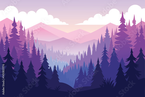 landscape reveals mountains and forests shaded in gradient purples and blues under soft clouds