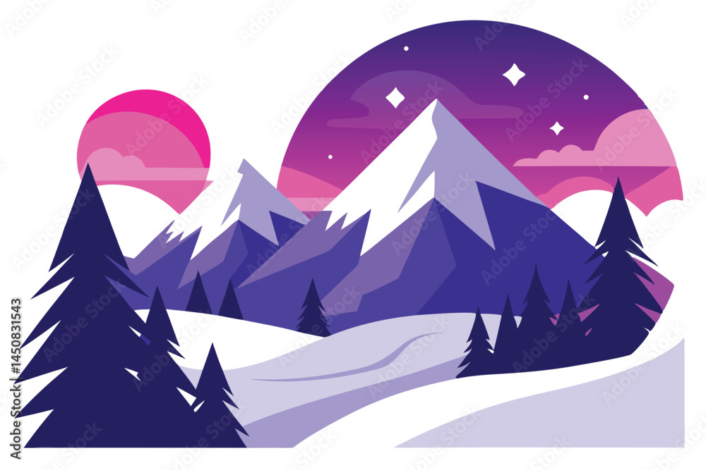 Fototapeta premium Majestic snowy mountains rise under a vibrant night sky with a stylized sun and stars