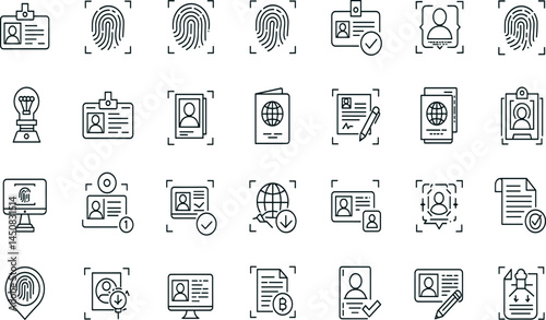 Identification and verification icon set. Vector glyph pictograms of personal ID card, passport, biometric scan, badge, document verification, security, authentication black silhouette