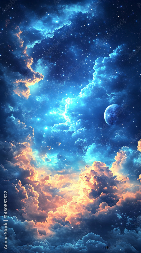 A vibrant, otherworldly sky filled with glowing clouds, planets, and stars.  A breathtaking view of a fantastical celestial scene