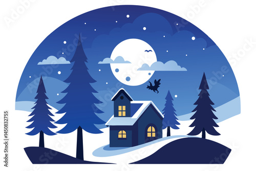 Night shows house among pines with bird flying under moon and stars