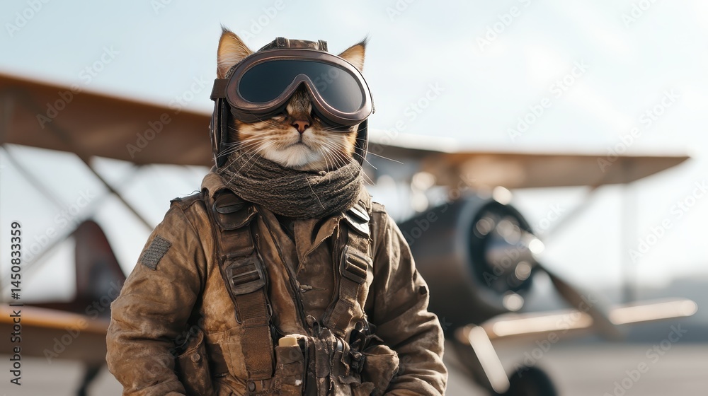 A cat in a stylish pilot outfit, complete with scarf and aviator goggles, stands confidently in front of a biplane, radiating an aura of adventure and charm. A cat in a stylish pilot outfit, complete with scarf and aviator goggles, stands confidently in front of a biplane, radiating an aura of adventure and charm.