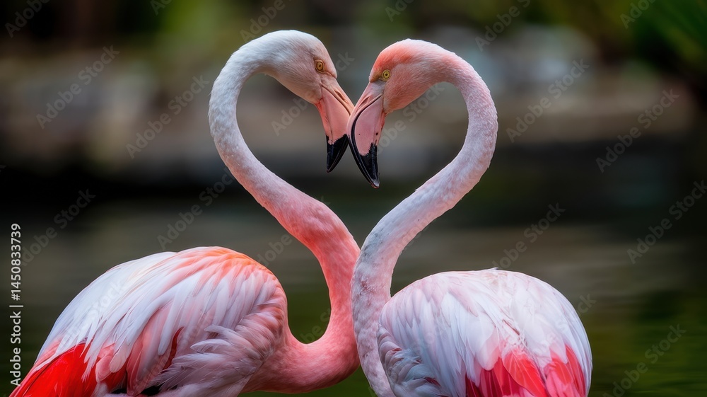 Naklejka premium Flamingos forming heart with necks, vibrant pink on soft green