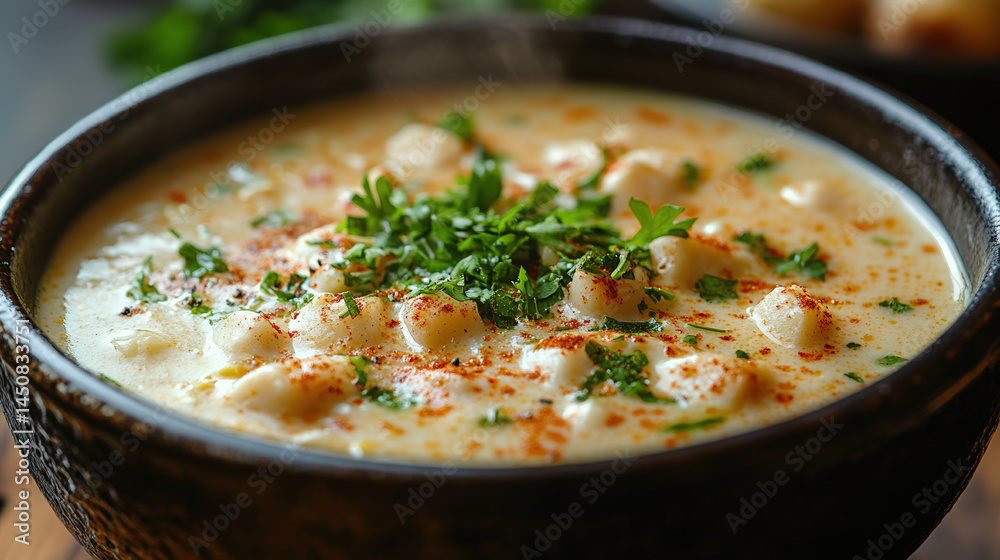 Creamy soup with chunks of seafood and parsley garnish Creamy soup with chunks of seafood and parsley garnish