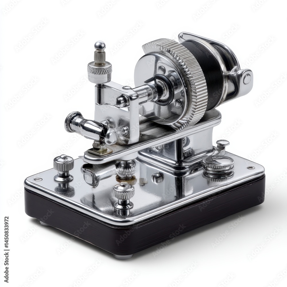 Fototapeta premium A polished vintage telegraph key device used for sending Morse code, featuring metal components on a black base.