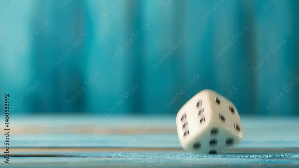 White dice slowly falling against teal background. Capturing random chance moment with dynamic floating object.
