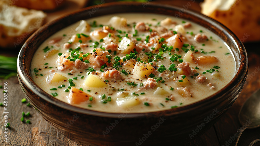 Creamy soup with potatoes, ground meat, and chives Creamy soup with potatoes, ground meat, and chives