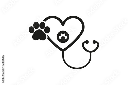 Paw print and inner paw inside heart shaped stethoscope symbolize animal well being with transparency
