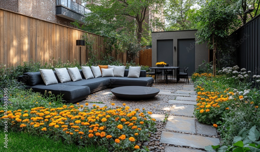 Fototapeta premium Modern Sectional Sofa in a Backyard Garden