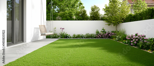 Modern Backyard Garden With Lush Green Grass And White House