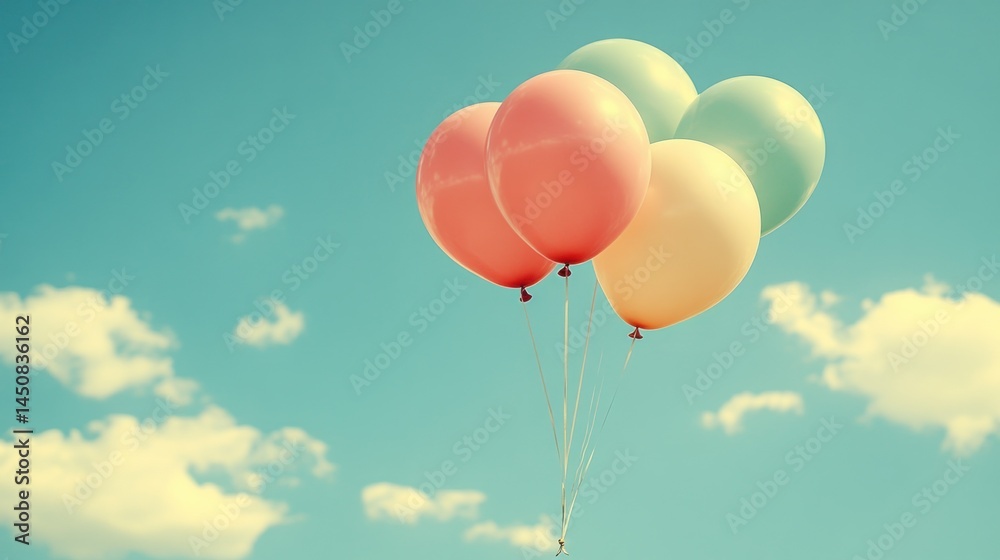 Obraz premium Balloons in blue sky with clouds, retro colors and fun.