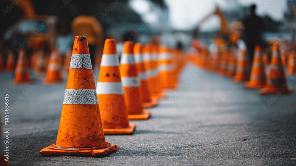 Traffic cones lined up on city street during construction work, bright orange safety equipment on asphalt road, urban repair zone and transportation safety concept