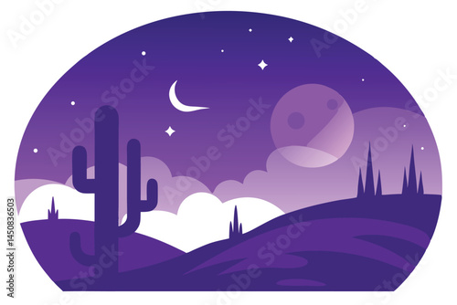 Purple cactus stands tall under the crescent moon and starry night sky
