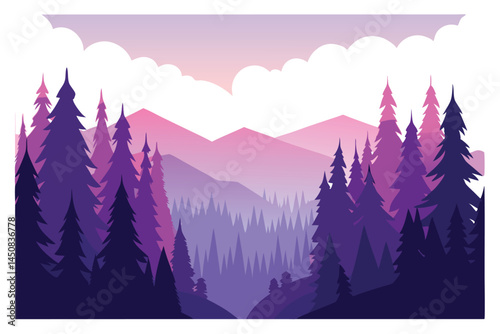 Purple pine forest in front of pink mountains and cloudy sky during dusk