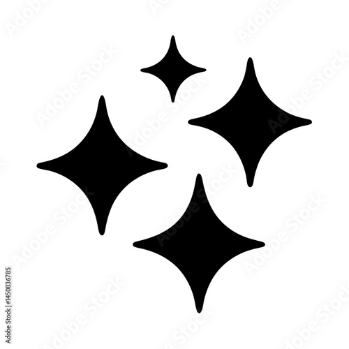 Group of simple four pointed stars representing sparkles and brightness isolated on white