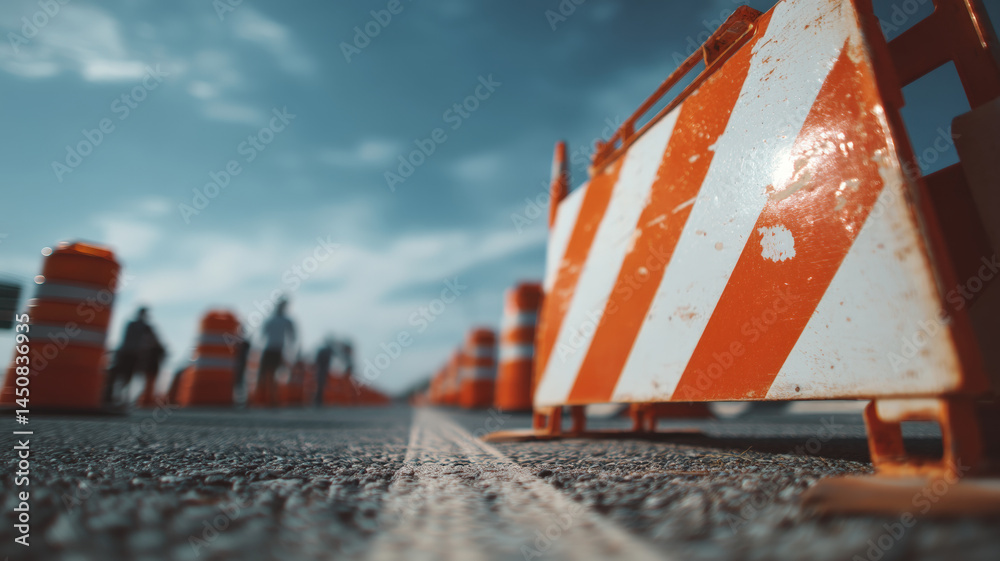 Low angle view of road construction site with orange white barriers, asphalt line, and blue cloudy sky.