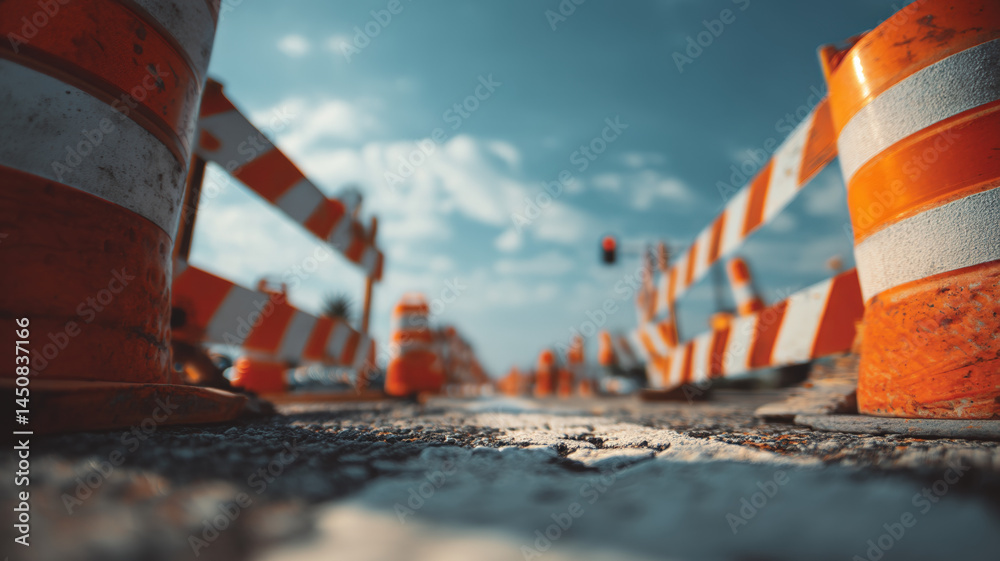 Low angle view of road construction site with orange white barriers, asphalt line, and blue cloudy sky.