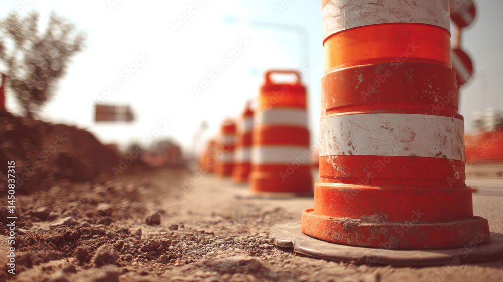 Low angle view of dirt road with orange traffic barrels and sunset light during road construction zone work.