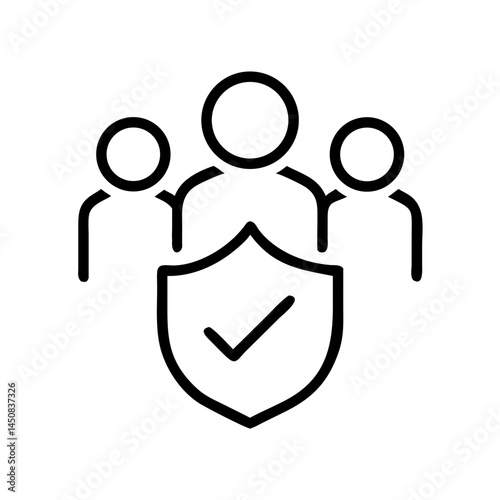 Group security icon with shield and check in black outline style