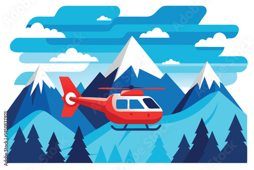 Red helicopter flies above pine trees near blue snowy mountain peaks and cloudy sky