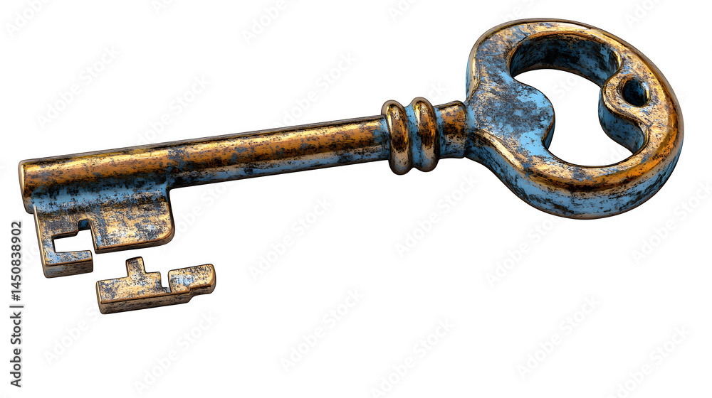 3D key icon, metal cartoon key with plastic look, isolated on white background 3D key icon, metal cartoon key with plastic look, isolated on white background