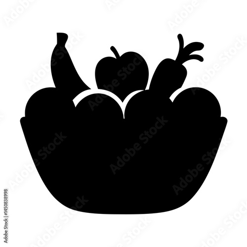 Silhouette illustration of fruit and vegetable bowl containing banana, apple, carrot