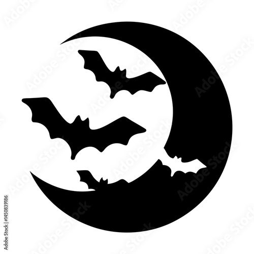 Eerie Halloween Night Crescent Moon with Black Bats Silhouettes Flying around