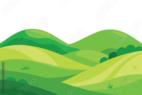 Rolling green hills create a peaceful cartoon landscape, with a clean, inviting background