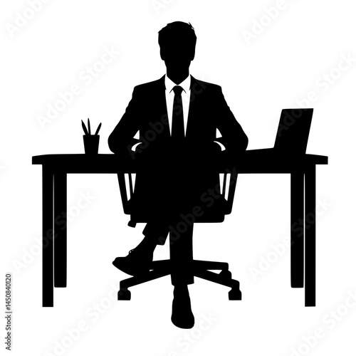 Businessman silhouette sitting at desk with laptop and stationery  