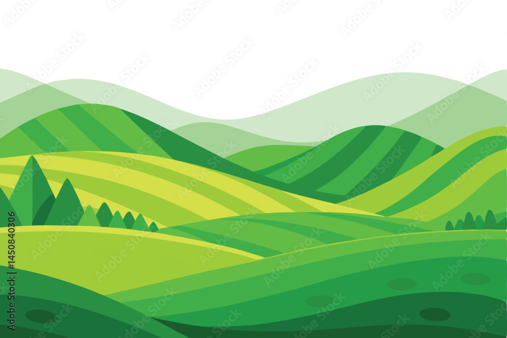 Fototapeta premium Rolling green hills meet distant mountains in this serene and peaceful nature landscape
