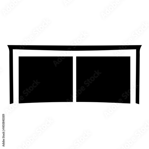 Black and white graphic representation resembling a gateway or double window structure