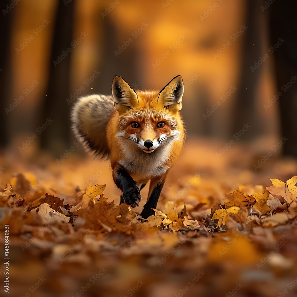 Obraz premium A vibrant red fox swiftly running through autumn leaves.