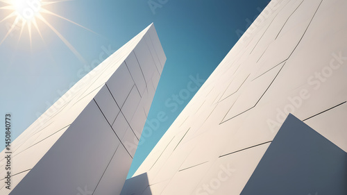 Modern wall decor with sunlight pouring in, copy space. Bottom view to exterior design texture. Contemporary building pattern with blue clouds