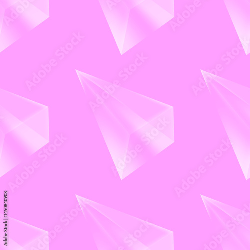 Vector crystal diamond seamless pattern on pink background. Glass transparent prism backdrop. Mineral random triangle pyramid set