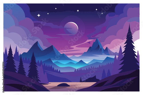 Scenic mountain valley with pine trees is awash in vibrant hues under moonlit night
