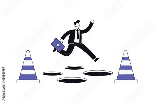 Overcome Pitfalls and Failures Smart Businessman Jumps Over Adversity to Achieve Success Problem Solving Creativity and Skill Concept