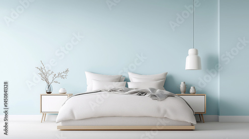 Serene Bedroom Design Minimalist Light Blue Walls, White Bed, Wooden Nightstands