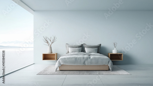 Minimalist Bedroom Design Tranquil Oasis, Serene View, Light Colors
